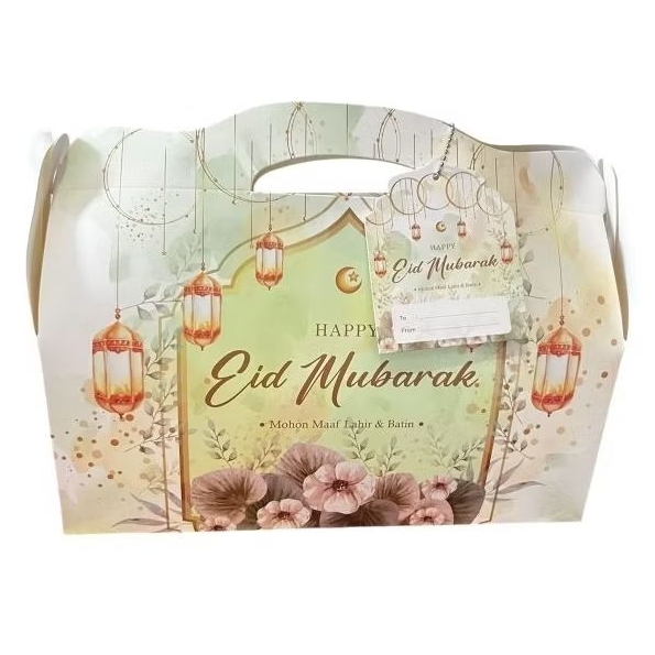 

SET GABLE BOX / TAS HAMPER LEBARAN /UK 30x10x12 cm / PAPER BAG LEBARAN ( SUDAH TERMASUK UCAPAN DAN GANTUNGAN RANTAI )