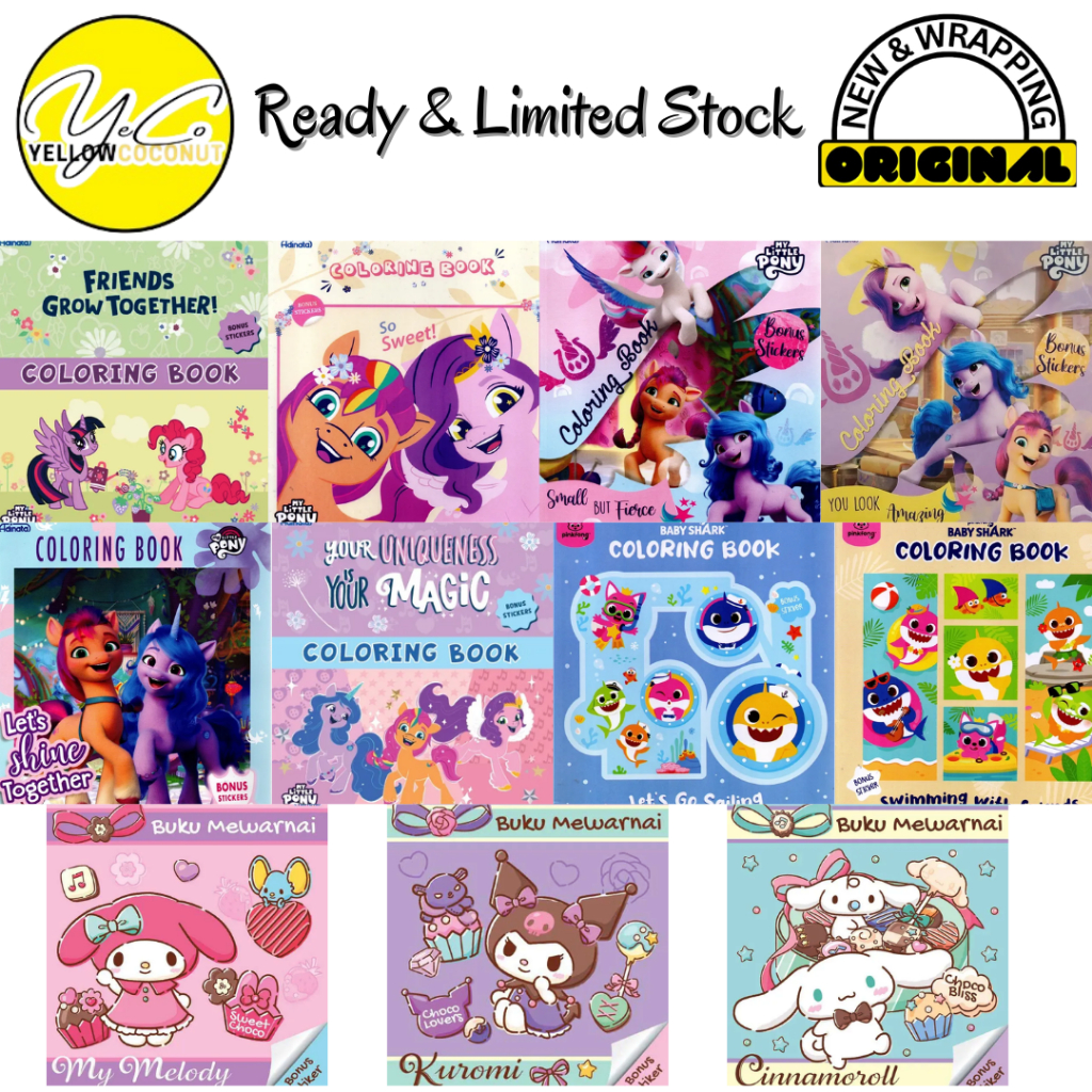 Coloring Book Buku Mewarnai My Little Pony Baby Shark Momoya Cinnamoroll Kuromi Sanrio + Sticker