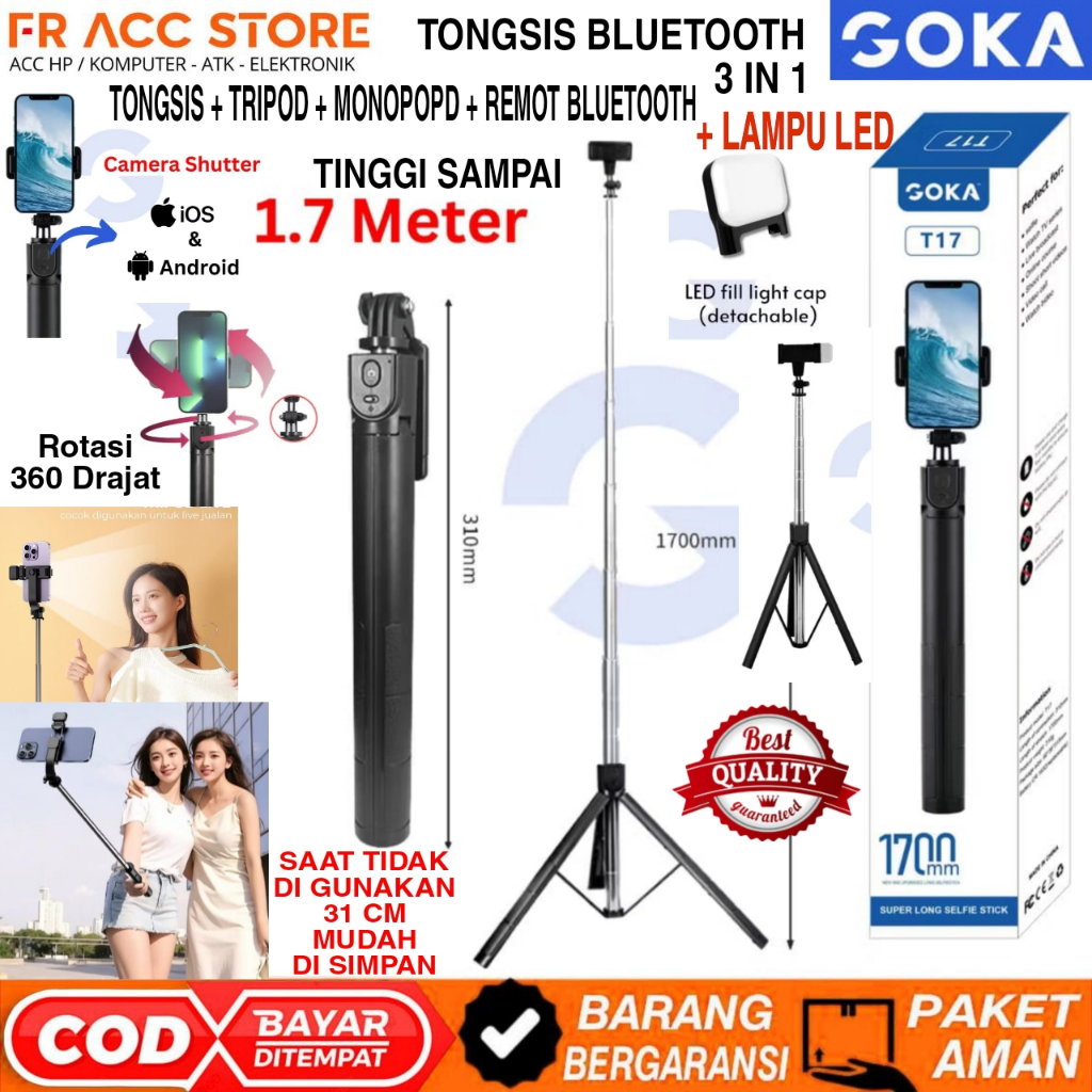 Tongsis Bluetooth 3in1 Plus LED Selfe GOKA T17 TRIPOD HP 3IN1 BLUTOOTH TONGSIS WITH LED TRIPOD TONGS
