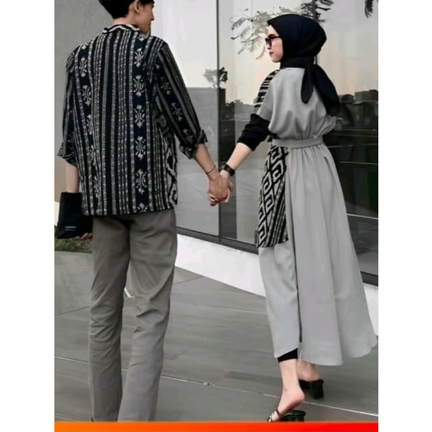 Dress Andin Couple Tenun Naomy Katun Bunga Hitam Putih Baju Batik Keluarga panjang Pasangan Wanita