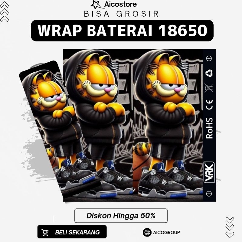AICOSTORE - Skin Wrap Baterai 18650 ODB VRK Motif Kartun Garfield Panda Looney Toons Keren Lucu Keki