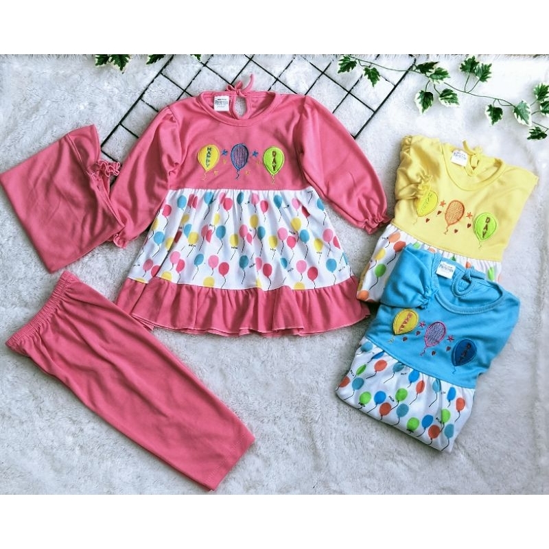 Setelan Baju Muslim Bayi Perempuan Motif Ballon // Baju Muslim Bayi Usia 3 -18 Bulan // Setelan Baju