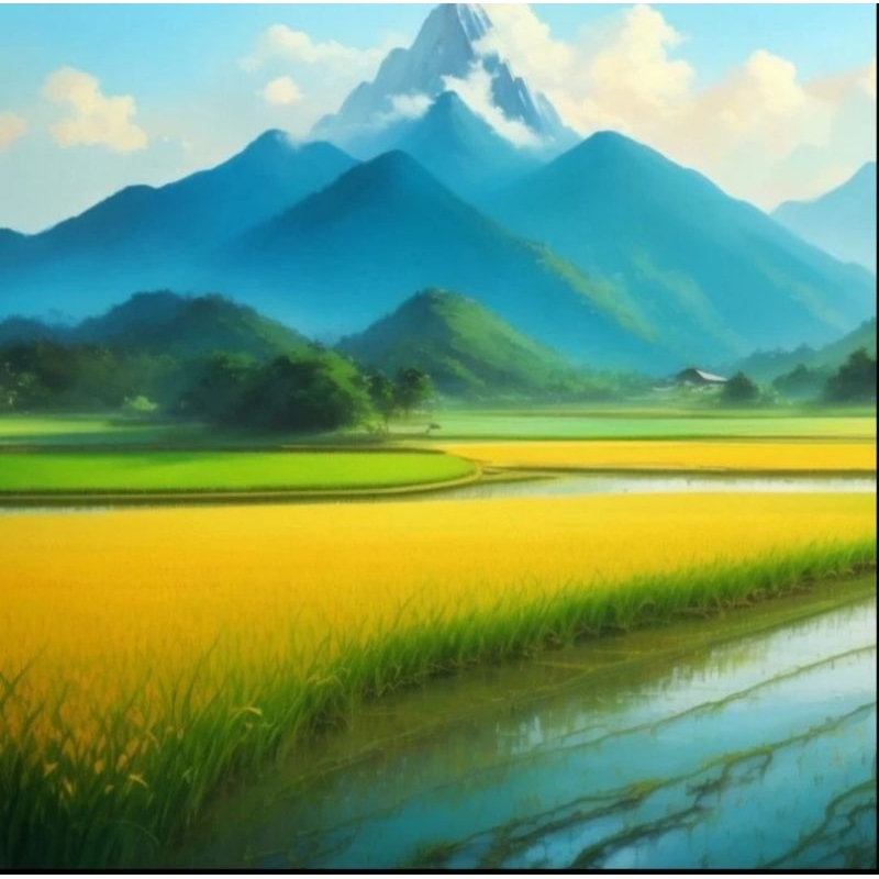 Lukisan pemandangan gunung yang sangat Indah dengan sawah yang luas
