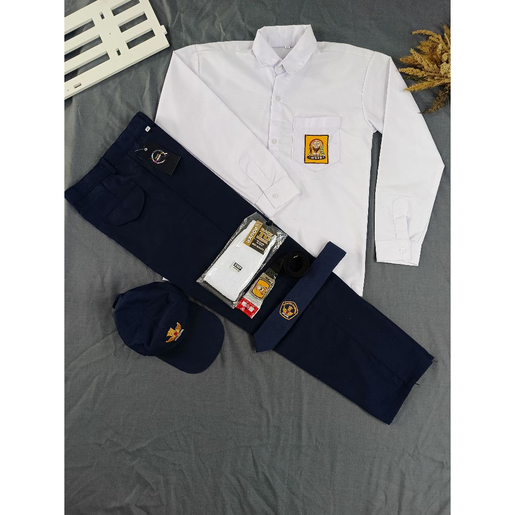 Setelan Seragam Sekolah Smp Biru Putih Anak Laki-Laki Panjang Kelas 1-3 Topi Biru Polos