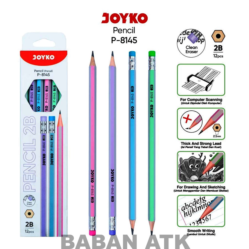 

Pencil Pensil Joyko P-8145 2B / Clean Eraser ( 1 LSN / 12 Pcs )