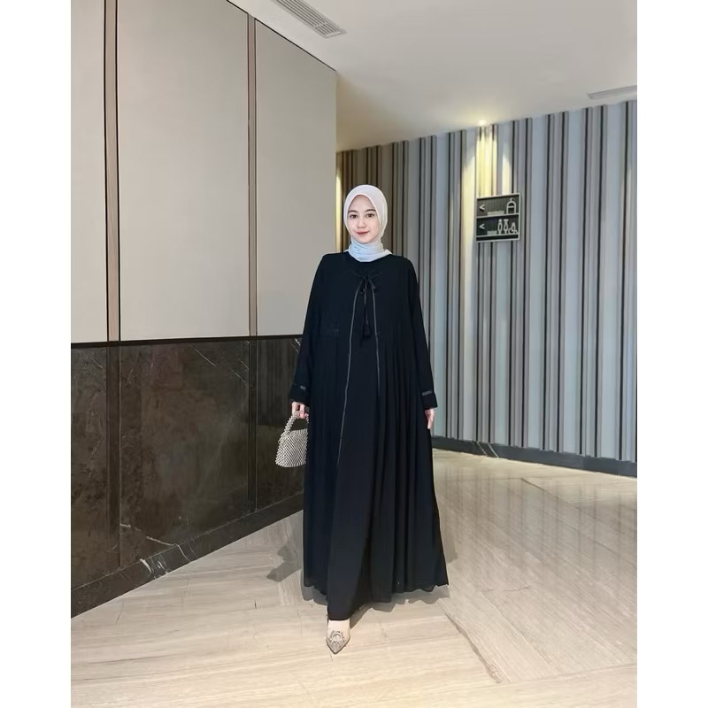 Briella Abaya Hitam Putih Ceruty Babydoll Mix Payet Gosok | Abaya Hitam Lebaran |Abaya Haji Umroh | 