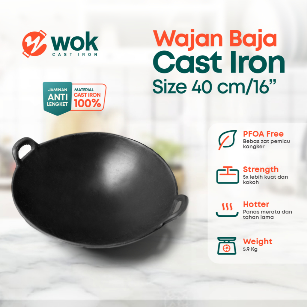 TERLARIS Wajan Baja Cor Seasoned 16 (40cm) Tebal / Kuali Besi Cor/ Wok Cast Iron / Wajan