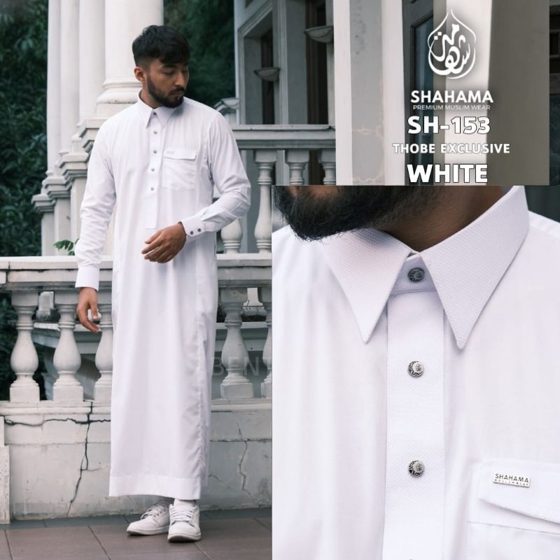 Thobe Shahama SH-153 Putih Baju Gamis Pria Dewasa Modern Thobe Lengan Panjang Warna White Putih