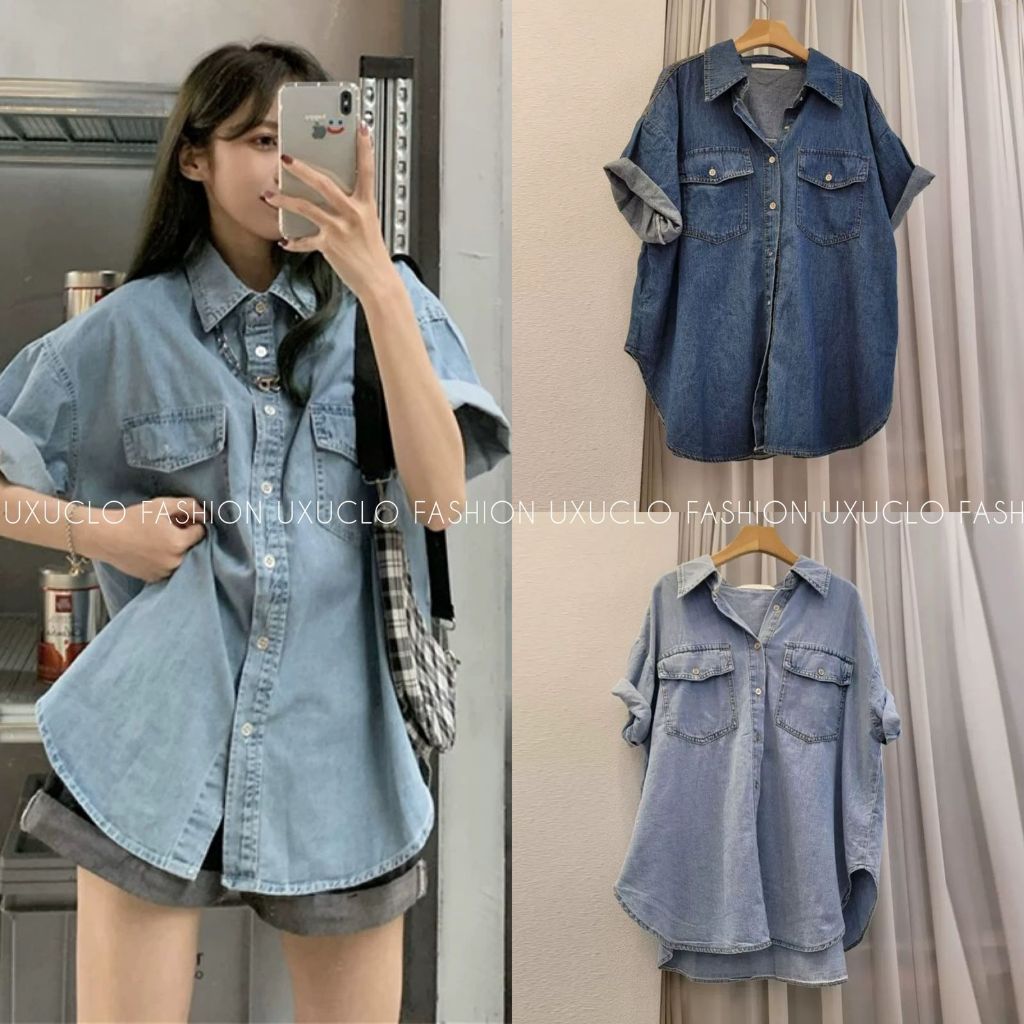 Uxuclo Zora Denim Shirt Korean Style Terbaru/Kemeja Atasan Denim Wanita/Denim Top Wanita