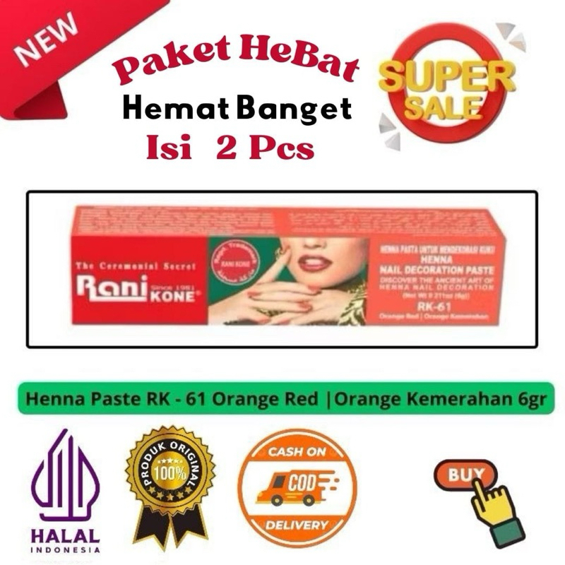 (COD) 2 Pcs Rani Henna Kone Nail RK - 61 Orange Kemerahan 6gr | Pacar Kuku Arab
