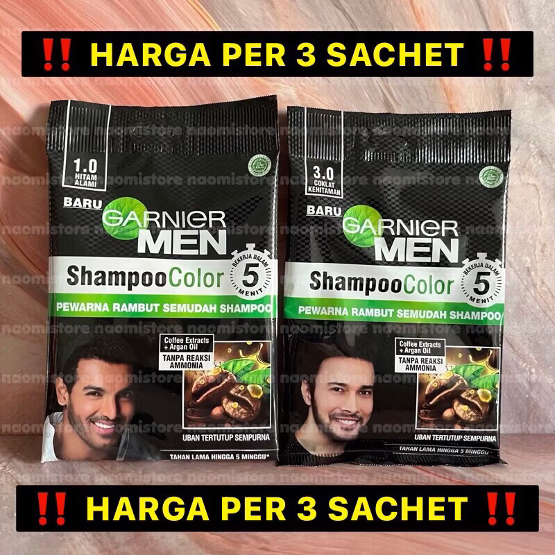 [HARGA PER 3 PCS] Garnier Men Shampoo Color Pewarna Cat Rambut - Hitam Alami / Black 1.0, Dark Brown