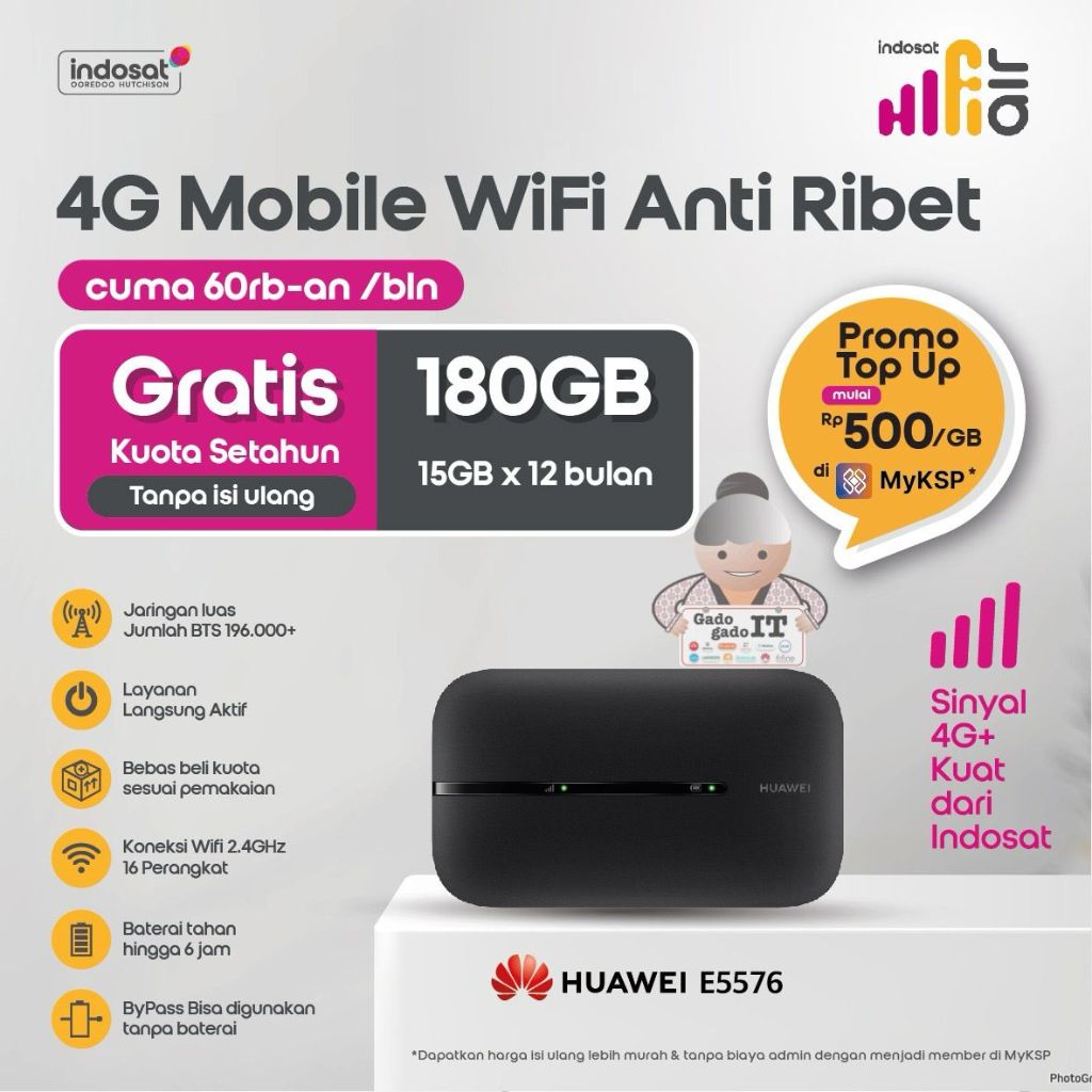 Huawei E5576 Hifi Air MiFi Modem WiFi Router 4G LTE Bundling Indosat 180GB