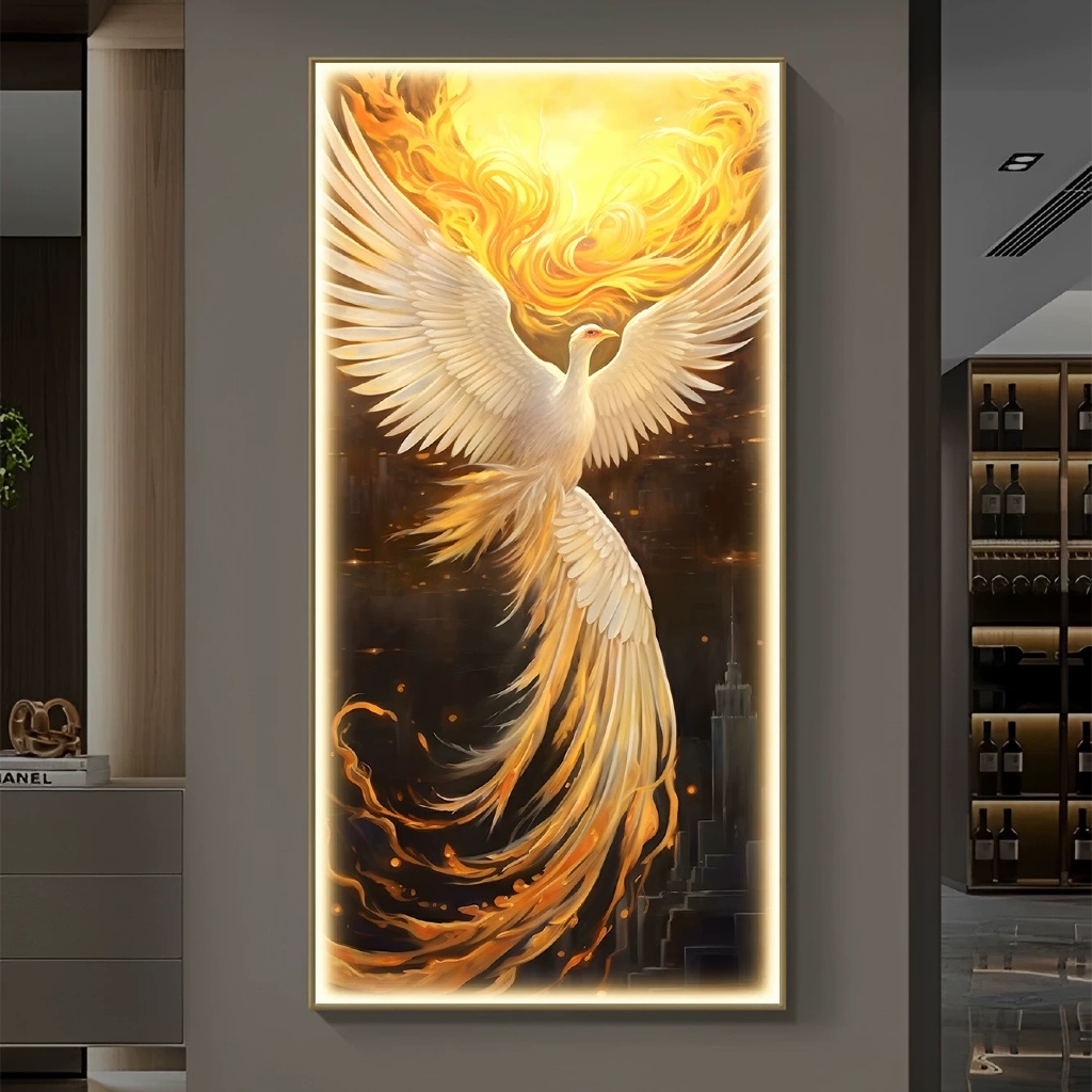 Lukisan Porcelain 5D Diamond LED Motif Burung Phoenix Menyala Lampu Pajangan Dinding Porselen 5 Dime