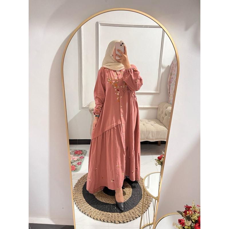 Dress zara linen bordir /dress linen bordir/gamis linen