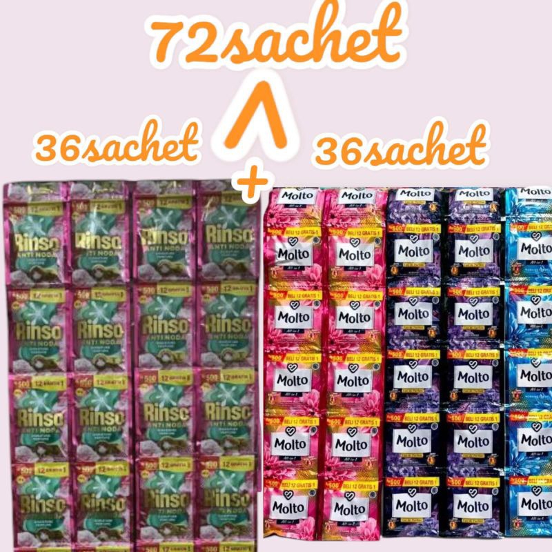 [72Sachet] Rinso Cair Kemasan Baru 20gr 36sachet+36Sachet molto 10ml Varian Random