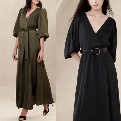 BREP805 BLOUSON MAXI DRESS satin silk Lengan panjang formal pesta hitam olive