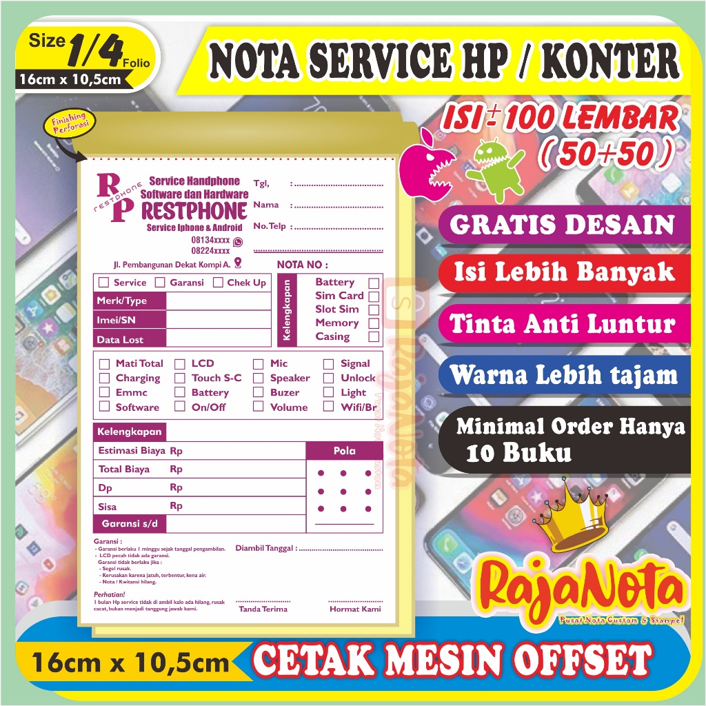

Cetak Nota Konter Servis HP Cellular Custom Request Nama Toko Sendiri 2 rangkap 100 Bisa Desain