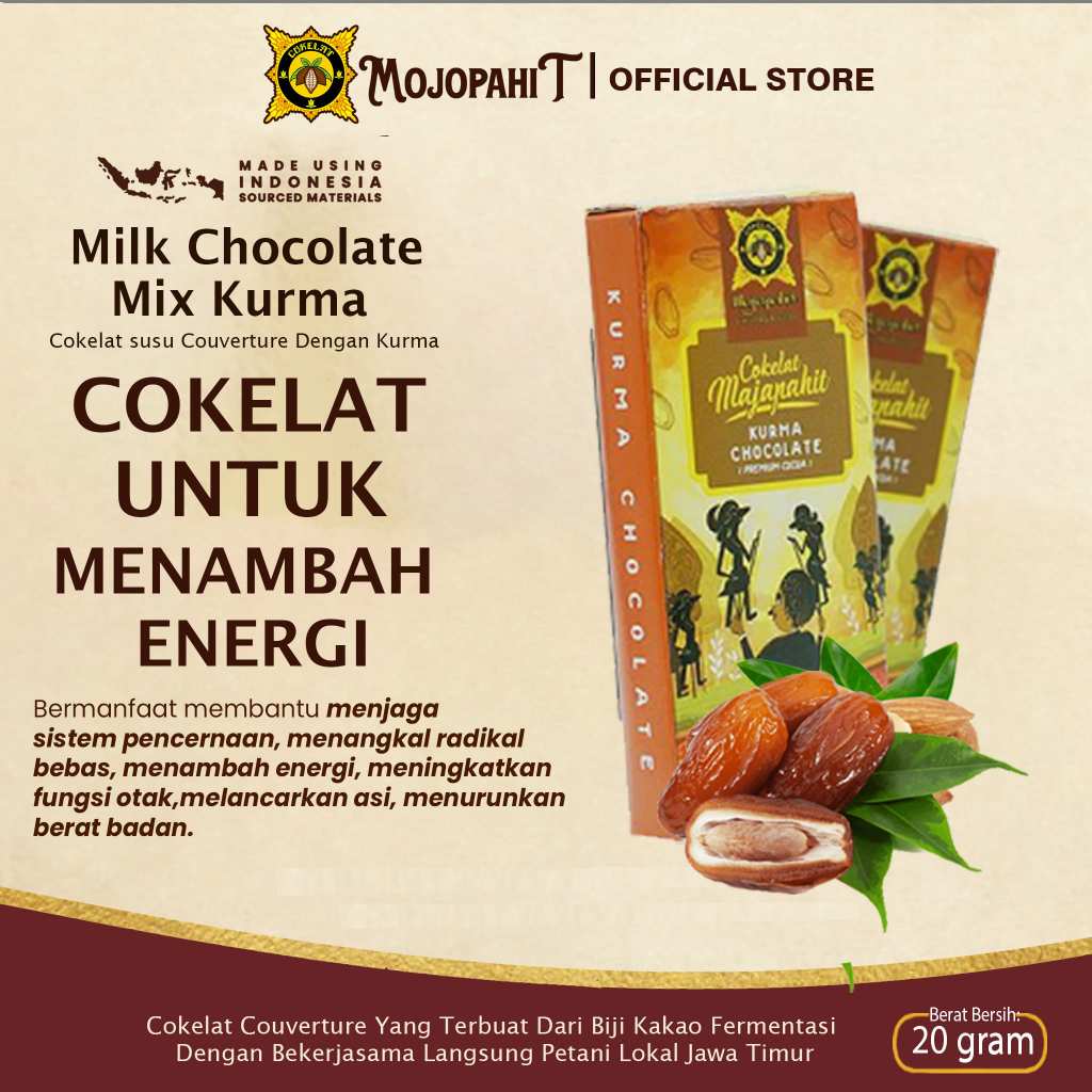 

Cokelat Mojopahit Bar 20 gr | Milk Chocolate Kurma | Cokelat Susu isi Kurma