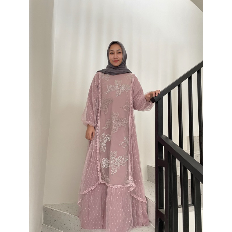 Gamis Brokat Tile Mewah Dress Pesta Warna pastel