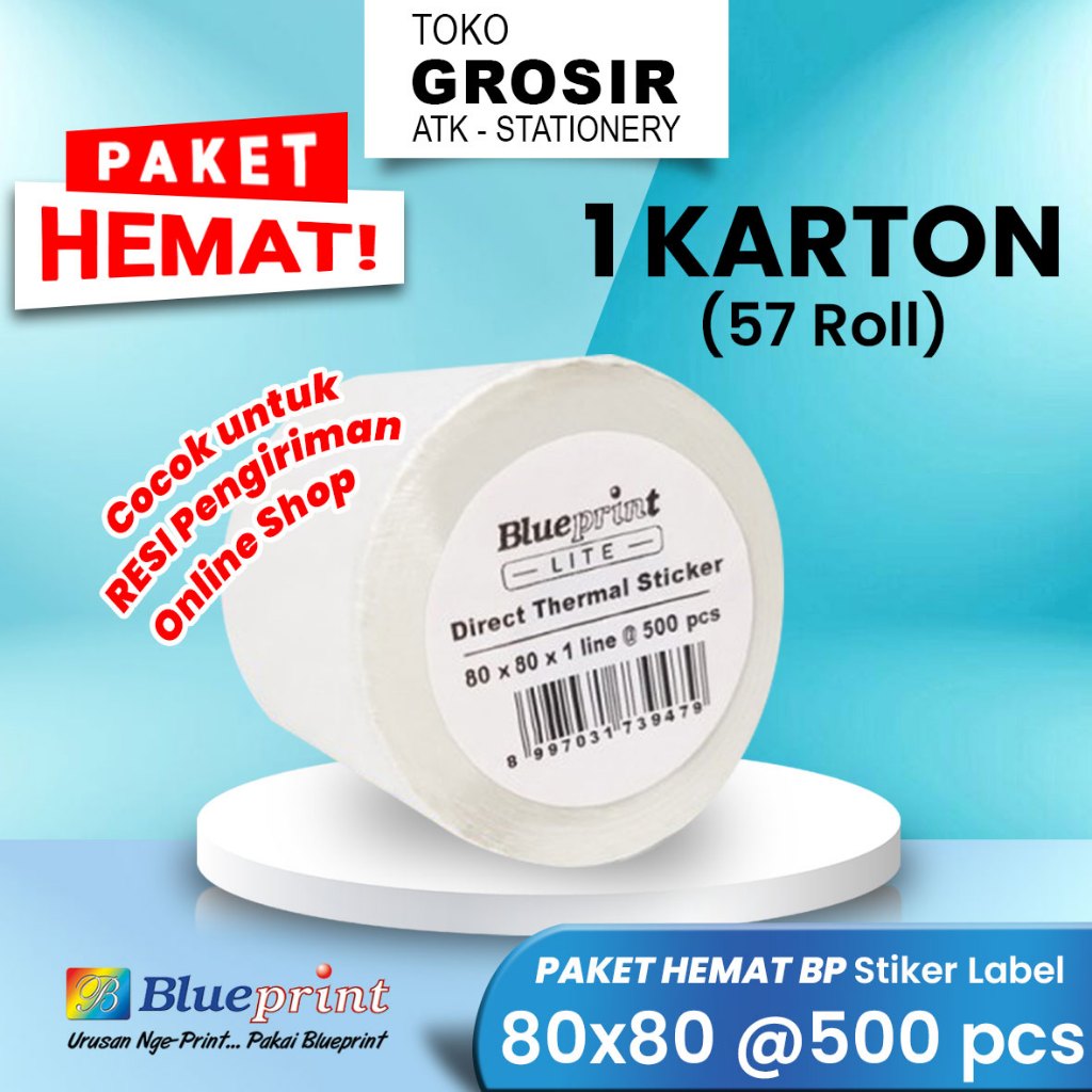 

PROMO HEMAT 80x80 57 Roll Resi Label Pengiriman 80mm Kertas Thermal Sticker Barcode BLUEPRINT Lite500 Stiker Termal < A6 Paket Hemat