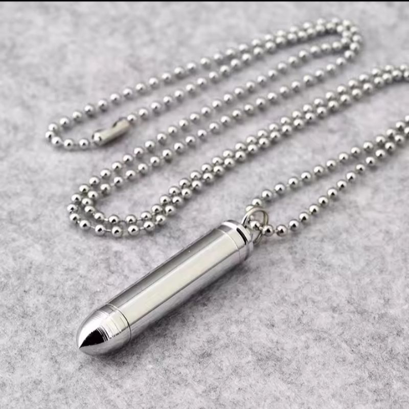 Kalung Baja Putih Biji Lada + Liontin Peluru