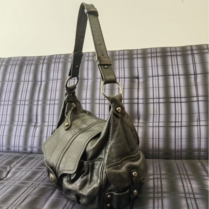 Authentic Francesco Biasia Waxed Black Real Calfskin Leather