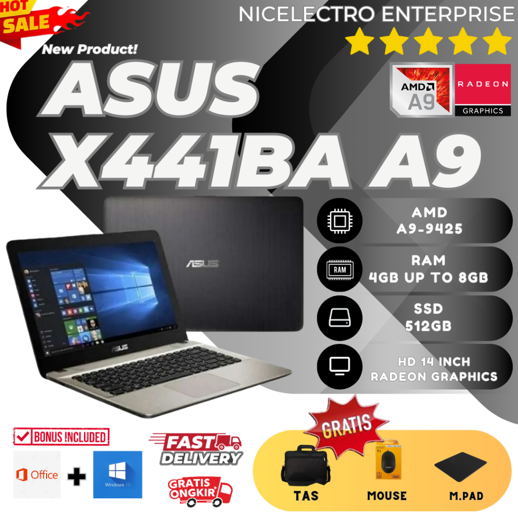 LAPTOP ASUS VIVOBOOK X441BA / AMD A9-9425 / RAM 8GB / SSD 512GB / 14 INCH / WINDOWS / FREE BONUS