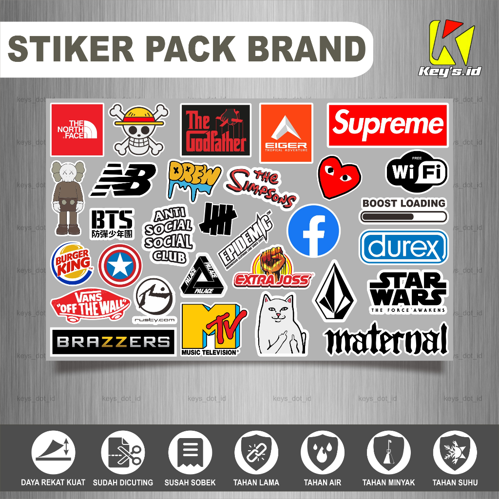 

Stiker Pack Brand Distro Hypebeast Aesthetic, Sticker Brand, Sticker distro, Stiker Case Hp Laptop Helm Ipad Tablet Tumbler