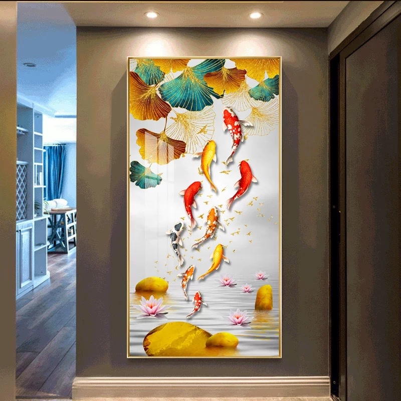 Lukisan Porcelain 5D Diamond Motif Ikan Koi Fengshui 9 Ekor Pajangan Dinding Vertikal Ikan Pembawa H