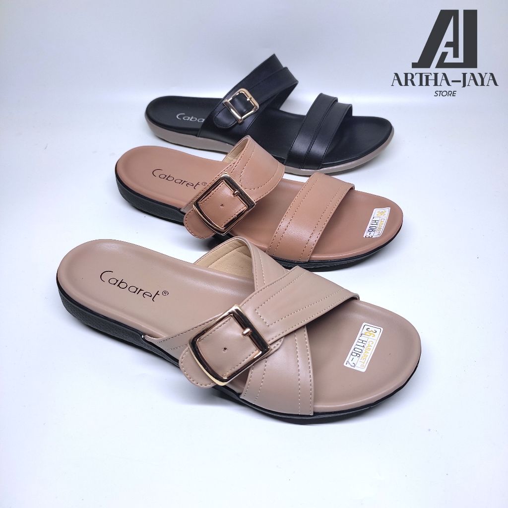 Sandal Flat Wanita Kasual Cabaret Sendal Slop Kulit Casual Perempuan Berkualitas
