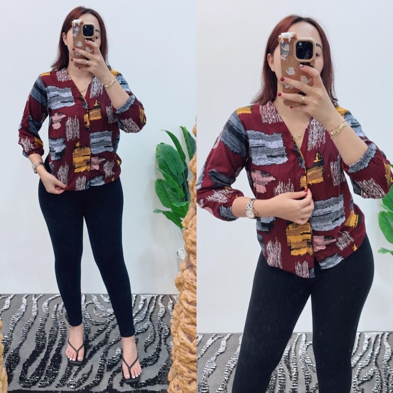 Grosir Natalia | Blouse Kancing Bahan Rayon Motif Kayu