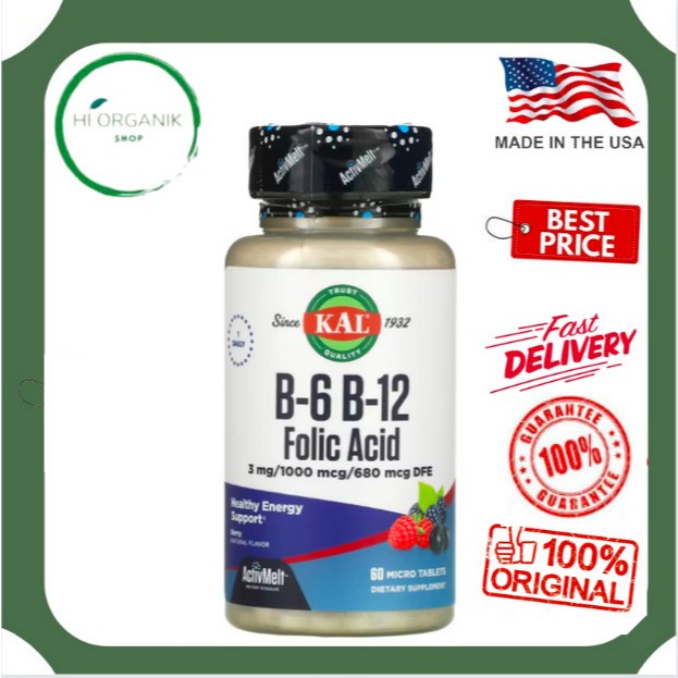 KAL B-6 B-12 B6 B12 Folic Acid Berry 60 Micro Tablets