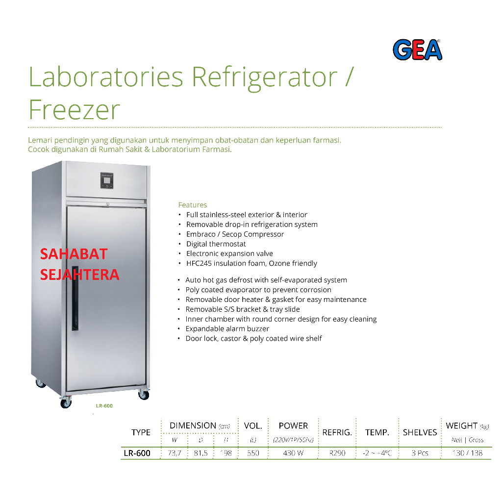 GEA Laboratory Refrigerator LR-600 – Kulkas Freezer Medis untuk Sampel & Obat