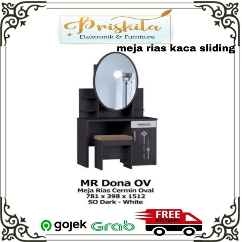 Meja rias Dona oval / meja rias hitam / meja rias kaca sliding / furniture Palembang