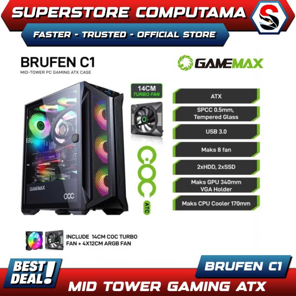 Casing GameMax Brufen C1 Cooling and Overcloking ATX Gaming PC Case with PWM