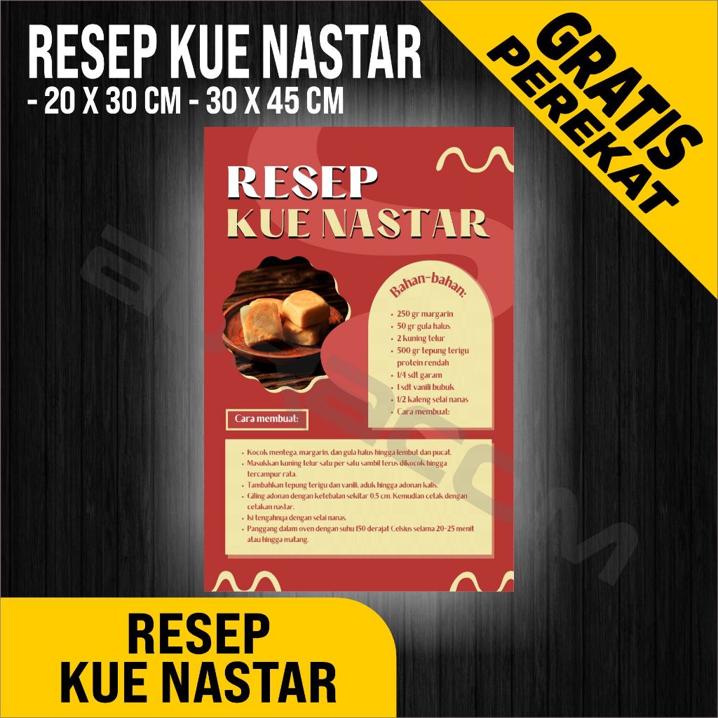 

PAPAN AKRILIK & KERTAS IVORY, POSTER RESEP KUE NASTAR, CUSTOM, FREE DESAIN ( A 535 )