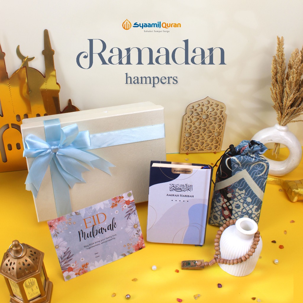

Hampers Alquran Sajadah Tasbih dan Kartu Ucapan Lebaran Syaamil Quran