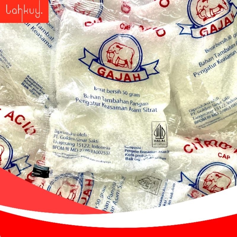 Citrun acid / Citrun cap Gajah kemasan 50gram (asam sitrat) kegunaan campuran makanan, minuman, farm