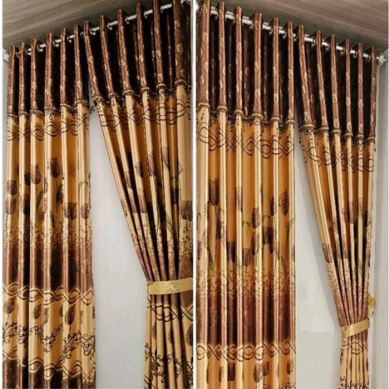 Gorden Jendela Pintu Kamar Kain Blackout Griter Bunga Print Emas