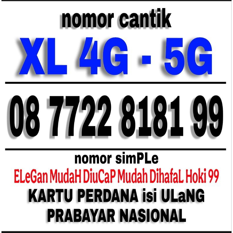 Nomor Cantik XL axiata 4g 5g Bonus isi kuota 3GB berlaku nasional kartu isi ulang prabayar