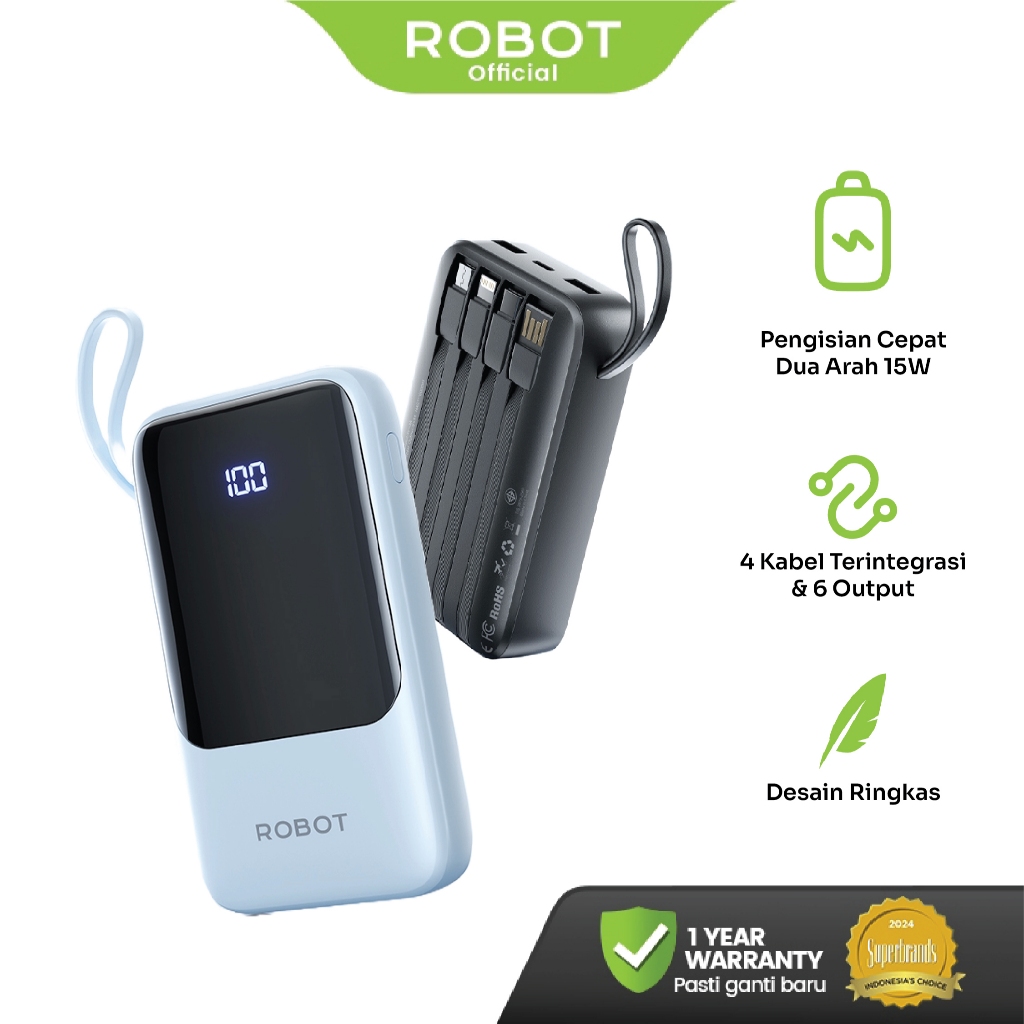 ROBOT Powerbank Fast Charging 20000mAh PD 15W With Port and Cable Micro Type-C Lightning Power bank 