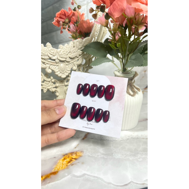 maroon cat eye press on nails/ kuku palsu merah maroon
