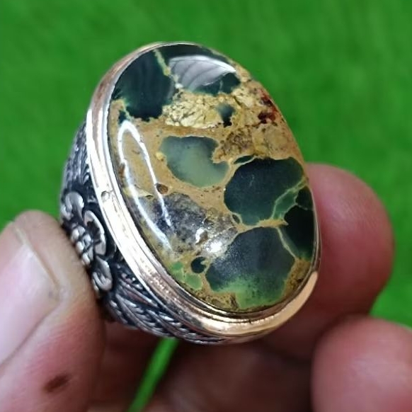Pirus Persia Hijau Ceplok urat emas ring Perak
