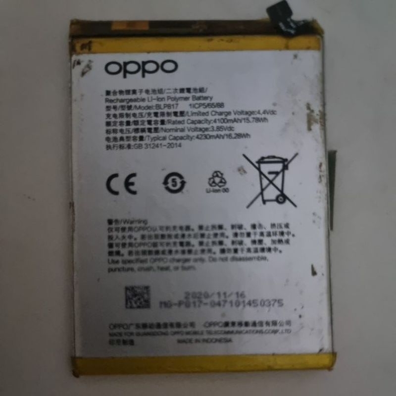 BATERAI/BATERE BLP817 UNTUK OPPO A15, A15S, A12, A11K,  ORIGINAL COPOTAN (KONDISI BEKAS)