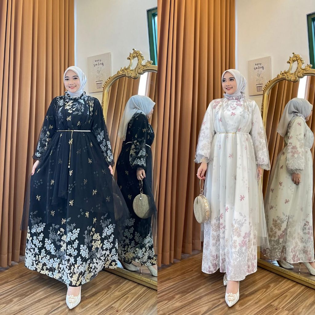 YVAINEE SET 2IN1 BAHAN CERUTI+OUTER TULLE+FREE BELT / GAMIS LENGAN PANJANG