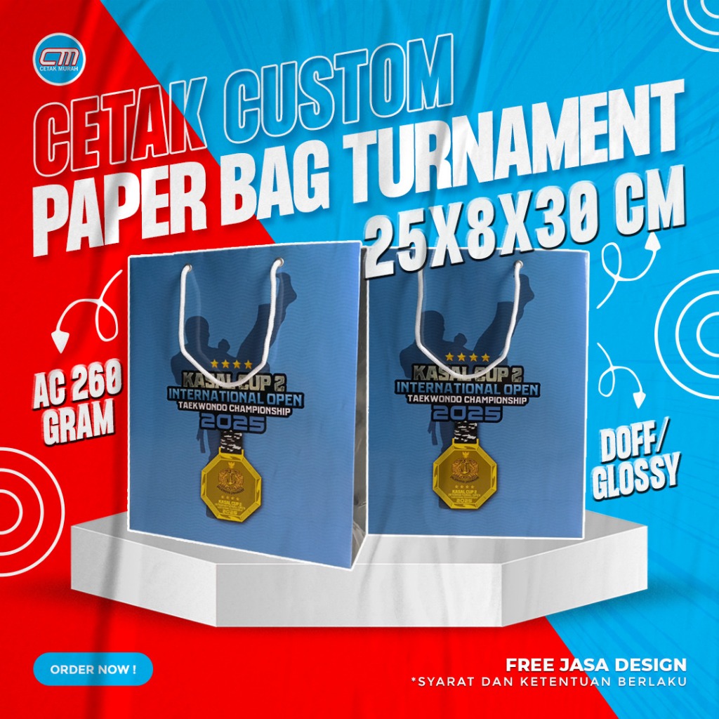 

Paperbag Turnament Custom Ukuran 25 x 8 x 30 Cm