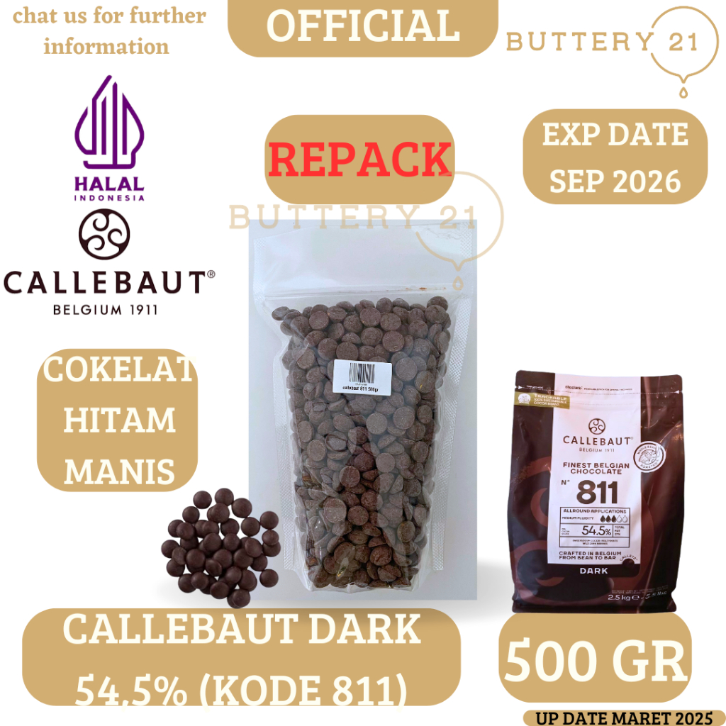 

REPACK 500 GR CALLEBAUT 811 54,5% CHOCOLATE COUVERTURE COKELAT/COKELAT DARK/COKELAT HITAM