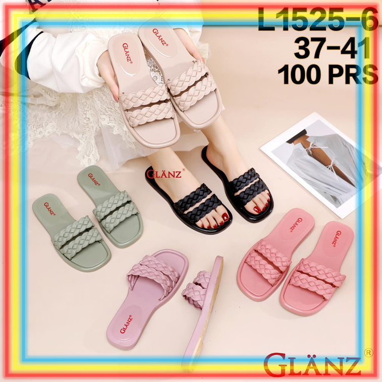 L1525-6 Sandal Selop Karet Cewek Glanz Sendal Slop Wanita Simpel Motif Kepang  Glanzton