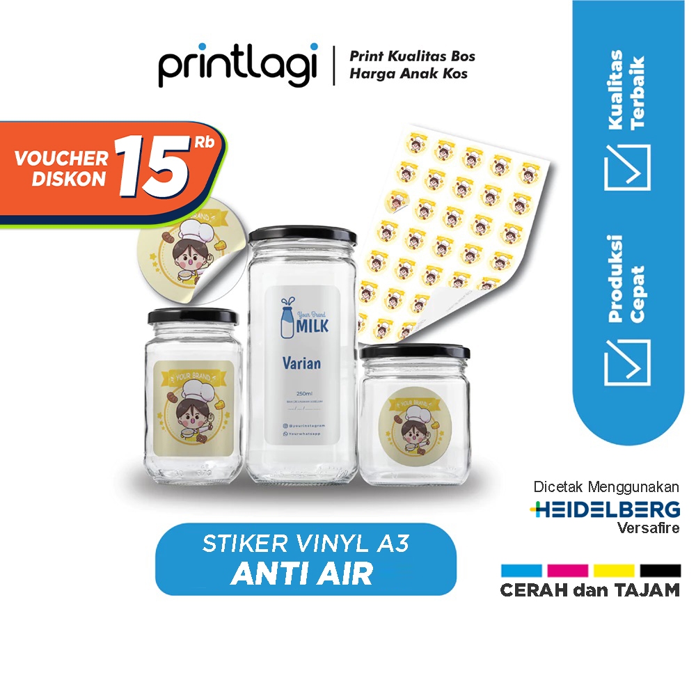 Cetak Stiker Vinyl Premium - Cutting Bulat / Bentuk - Laminasi Glossy / Doff - Ukuran A3+