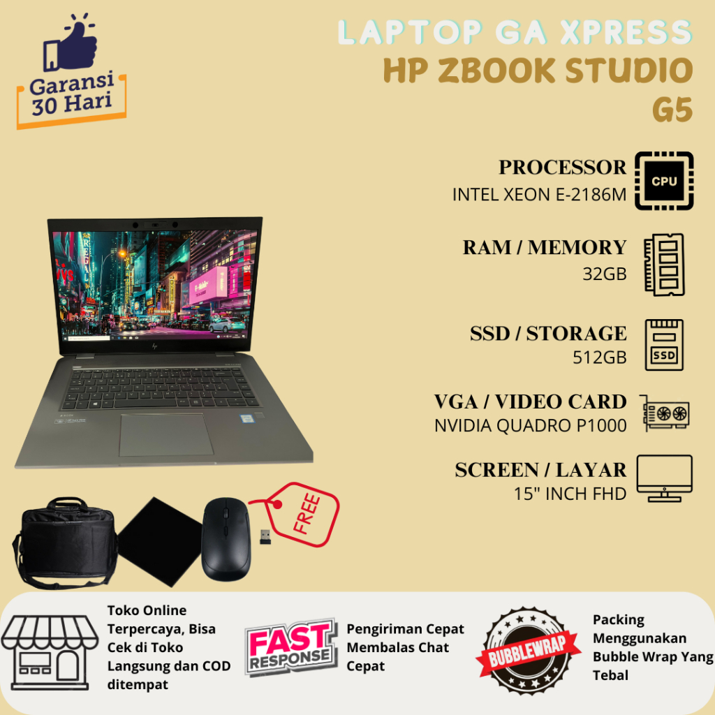 Laptop HP Zbook Studio G5 Intel Xeon E-2186M - NVIDIA Quadro P1000 - RAM 32GB SSD 512GB